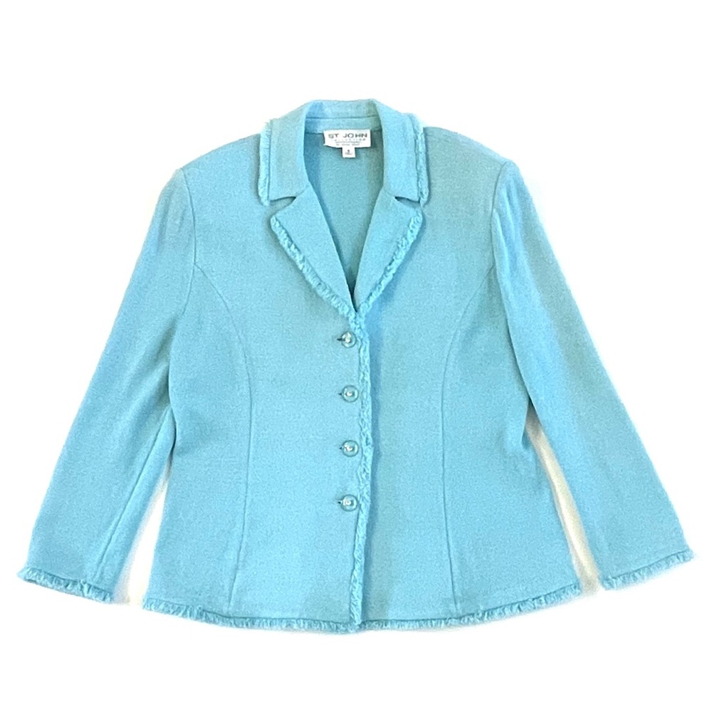 ST JOHN COLLECTION Fringe Blazer Jacket Women's SIZE 16 Aqua Blue Santana Knits